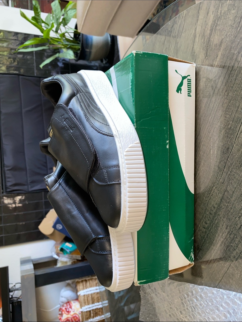 Puma Black Leather Sneakers with White Platform Sole